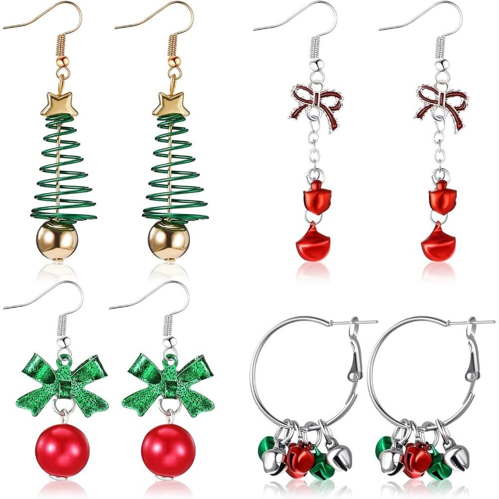 4 Pairs Christmas Earrings for Women Holiday Drop Dangle Earrings Set Xmas Tree